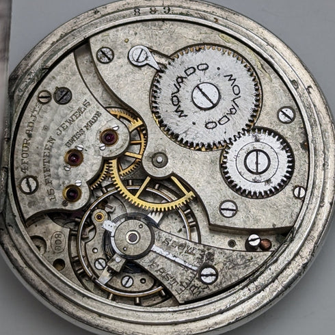 20 世紀初古董 MOVADO 懷錶 馬車雕刻銀色側殼 效果很好